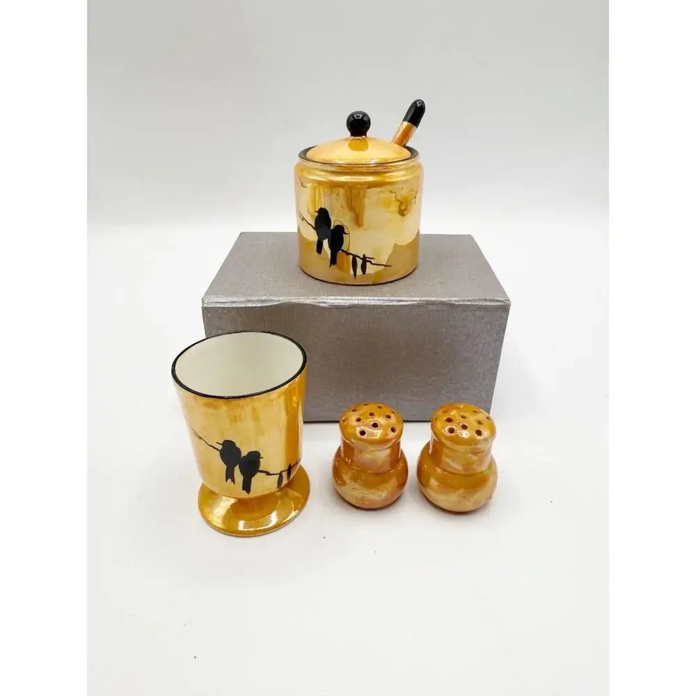 Vintage Ceramic Orange LusterWare Bird Condiment Set honey salt‎ pepper cup